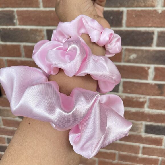 3 New Pink Satin Scrunchies Hair Tie XLarge, Large, Small Set - Picture 3 of 16